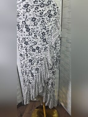Maurices Black and White Asymmetrical Floral Ruffle Skirt